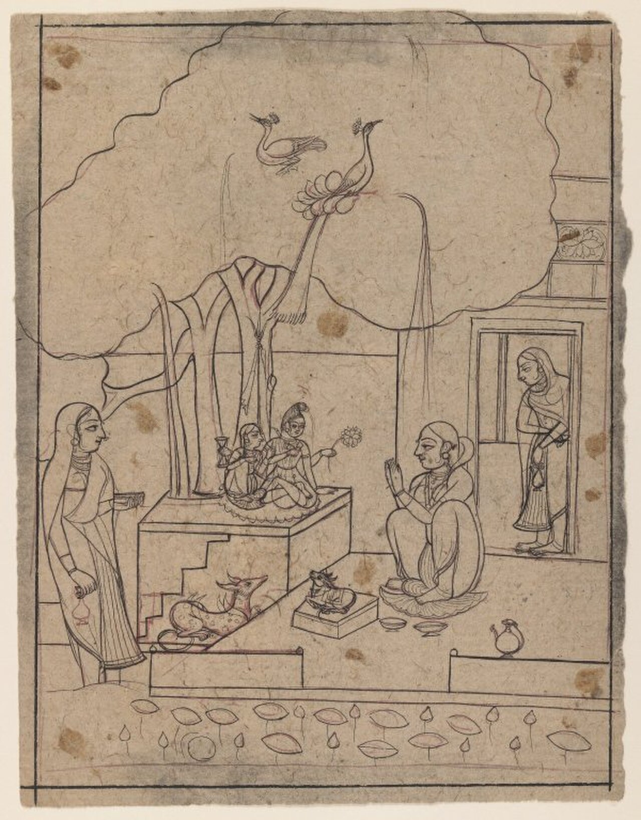 भैरवी रागिनी, रागमाला चित्रकला (लगभग 1750–1770, ब्रुकलिन म्यूज़ियम संग्रह) — राग भैरवी की देवी-भक्त अवतार, शिव मंदिर में पूजा-अर्चना करते हुए, परिचारिकाओं, मोरों और नंदी के साथ।