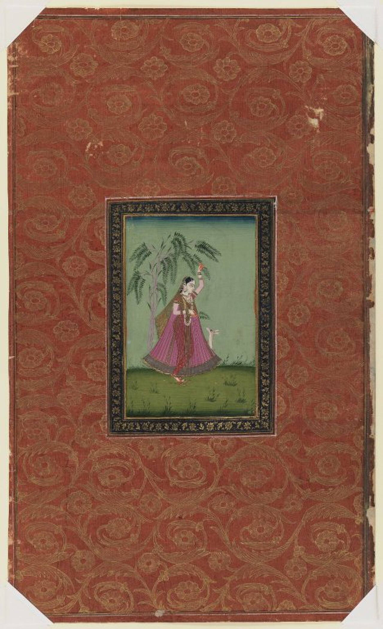 तोड़ी रागिनी, ब्रुकलिन म्यूज़ियम — 19वीं सदी की रागमाला लघु-चित्रकारी जिसमें हिरण के साथ जादूकर महिला चित्रित है; यही वह प्रतिमा है जो तोड़ी थाट की कोमल रे और तीव्र म की हिरण-मोहिनी शक्ति को व्यक्त करती है