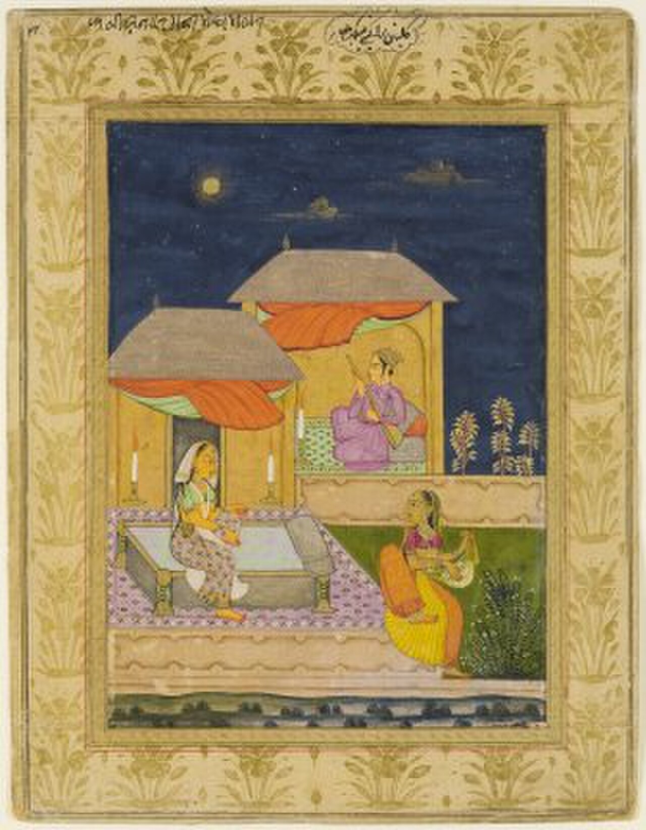 रागमाला लघुचित्र का विवरण — मेघ मल्हार की कल्याण रागिणी दर्शाता हुआ — एक संध्याकालीन रागिणी चित्र जो पूर्वी थाट के गोधूलि-भाव को व्यक्त करता है