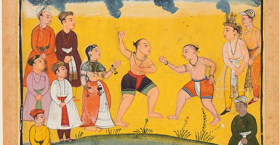 महाभारत का चित्रण — अर्जुन कुरुक्षेत्र के युद्ध-मैदान में कृष्ण से बात करते हैं। वीर रस का सर्वोत्तम उदाहरण।