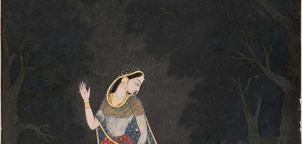 अभिसारिका नायिका — राग माला चित्रकला में शृंगार रस का चित्रण। एक नायिका अंधकार में प्रिय से मिलने जा रही है।