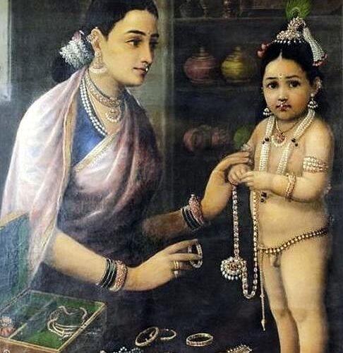यशोदा कृष्ण को दूध पिलाती हुई — वात्सल्य का सबसे पवित्र चित्र। माता का प्रेम, संतान के प्रति समर्पण, और अनंत स्नेह।