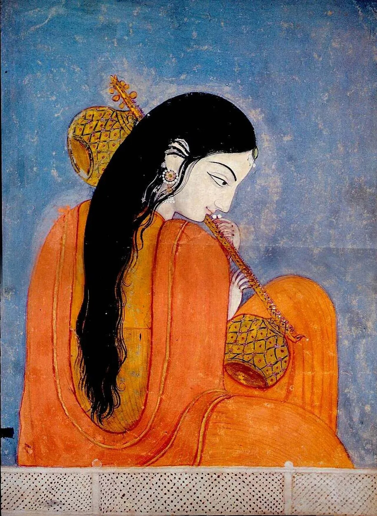 कांगड़ा शैली में बना मीराबाई का चित्र — सोलहवीं सदी की कवि-संत, कृष्ण-भक्ति की अमर गायिका, जिनके भजन 'राजरानी मीरा' (1933) के माध्यम से मंदिर के आँगन से सिनेमाघर की परदे तक पहुँचे