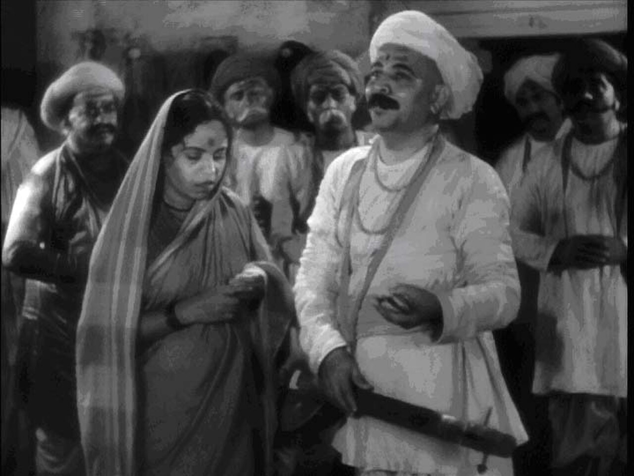 प्रभात फ़िल्म कंपनी की 'संत तुकाराम' (1936) का एक दृश्य — सत्रहवीं सदी के वारकरी संत-कवि पर आधारित यह मराठी भक्ति-क्लासिक विष्णुपंत गोविंद दामले और शेख़ फ़तेलाल ने निर्देशित किया