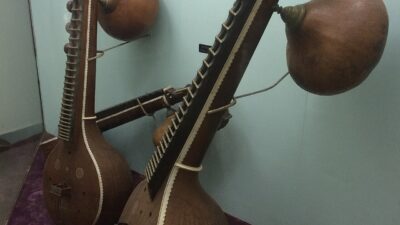 सरस्वती वीणा — बैंगलोर के सरकारी संग्रहालय का संग्रह, कटहल-काष्ठ शरीर, पर्देदार दांडी और यालि अलंकरण के साथ